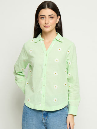 Madame Floral Embroidery Green Cotton Shirt