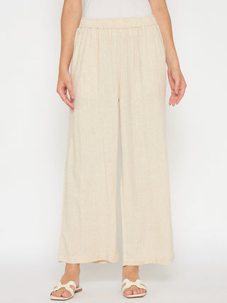 Madame Straight Fit Solid Beige Rayon Blend Trousers