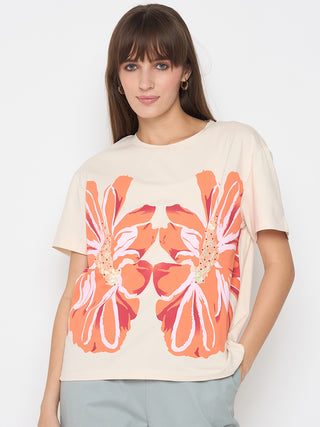 Madame Printed and Handwork Detailed Beige Sinker T-shirt