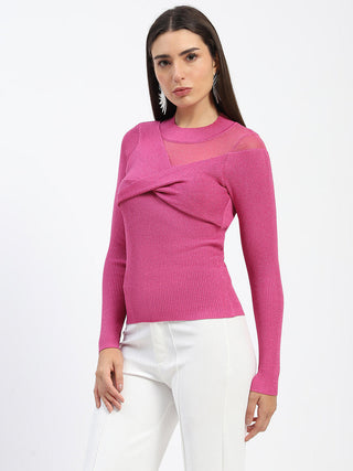 Madame Shimmery Mock Neck Wrap Hot Pink Sweater