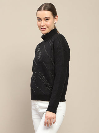 Madame Self Design Black Turtleneck Sweater