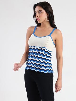 Madame Sleeveless Chevron Pattern Ribbed Trim Knit Top
