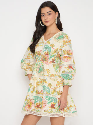 Madame Shanaya Kapoor Floral Print Tiered Off White Mini Dress