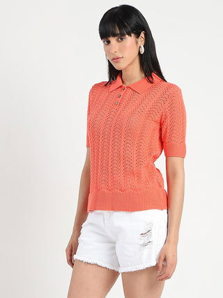 Madame Openwork Detail Textured Coral Orange Cotton Knitted Top