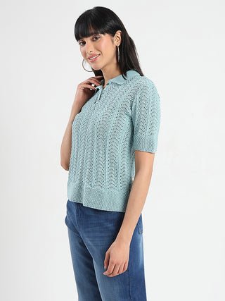 Madame Openwork Detail Textured Jade Green Cotton Knitted Top