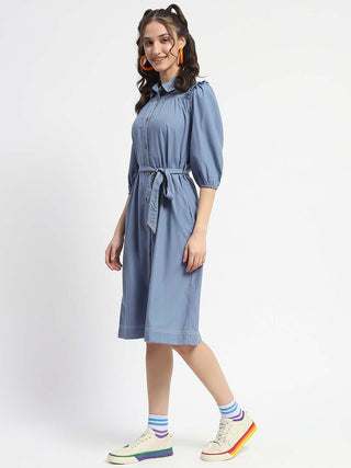Madame Cotton Blend Belted Waist Blue Midi Shirt Dress