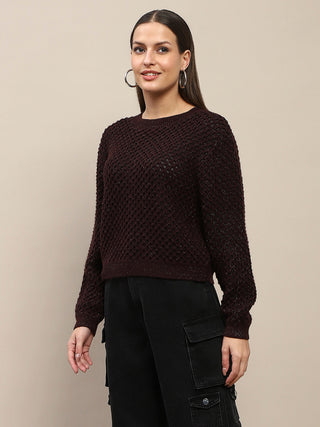 Madame Textured Solid Brown Full Sleeve Sweater