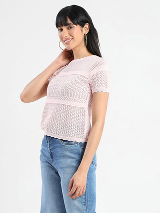 Madame Semi Sheer Knitted Cotton Blend Pink Top