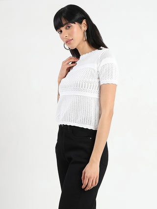 Madame Semi Sheer Knitted Cotton Blend White Top