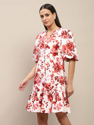 Madame Cotton Floral Print Tiered Red Mini Dress
