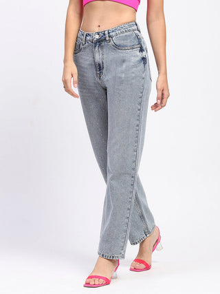 Madame Light Wash Embellished Light Blue Cotton Denim