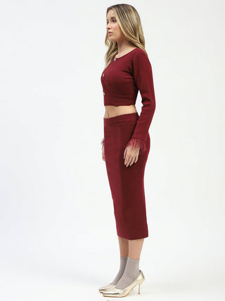 Madame Fur Sleeve Bodycon Wine Red Knit Co-ord Set