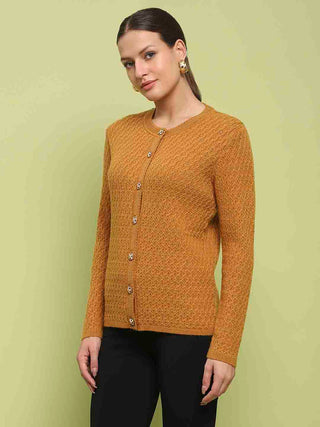 Madame Glossy Buttoned Cable Knit Mustard Yellow Cardigan