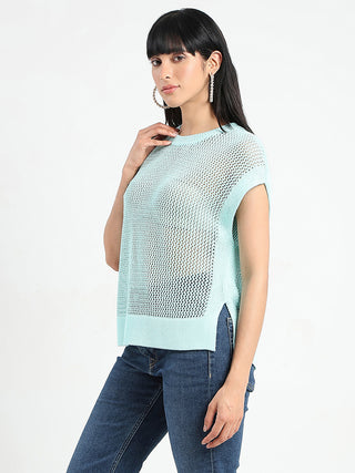 Madame Open Knit Side Slits Mint Green Top