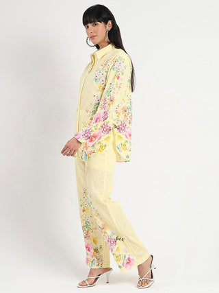 Madame Printed Shirt and Trousers Yellow Cotton Co-ord Set