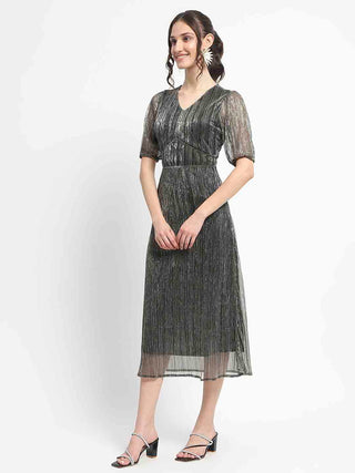 Madame Shimmery Corset Detailed Puff Sleeved Black Midi Dress