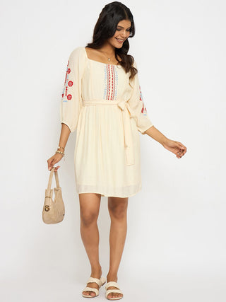 Madame Embroidered Ivory Belted Mini Dress