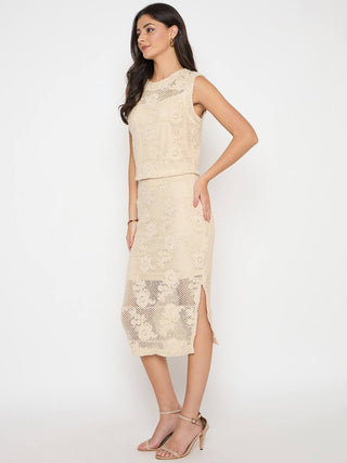 Madame Shanaya Kapoor Floral Lace Top and Midi Skirt Beige Co-ord Set