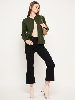 Madame Women Self Design Olive Cardigans