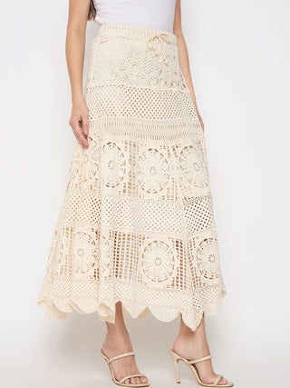 Madame Cotton Crochet Lace Tiered Beige Maxi Skirt
