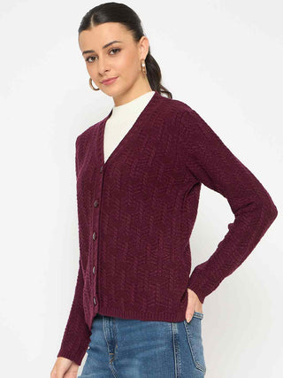 Madame Cable Knit V Neck Wine Cardigan