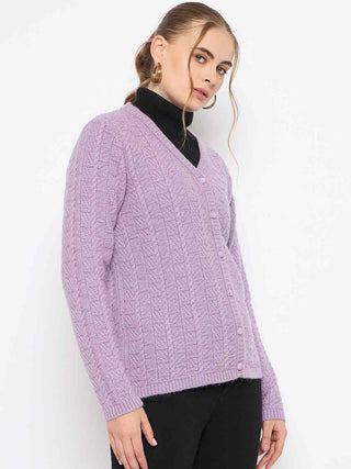 Madame Cable Knit V- Neck Buttoned Lilac Cardigan
