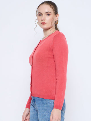 Madame Solid Coral Button Down Crew Neck Cardigan