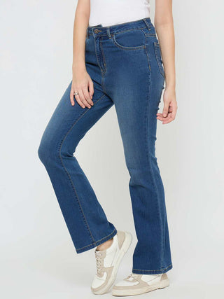 Madame Cotton Blend Stone Wash Mid Blue Flared Jeans