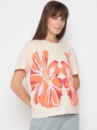 Madame Printed and Handwork Detailed Beige Sinker T-shirt