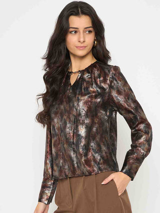 Madame Metal Buckled Neckline Tie Dye Black Satin Top