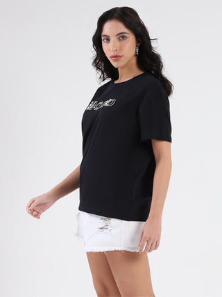 Madame Embellished Pocket Typography Black Cotton T-shirt