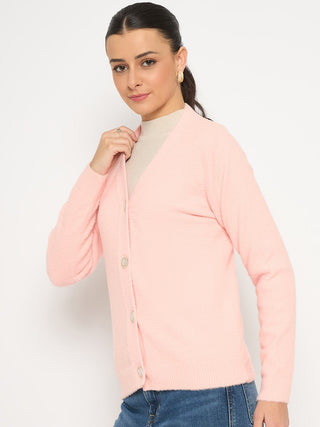 Madame V Neck Solid Peach Cardigan