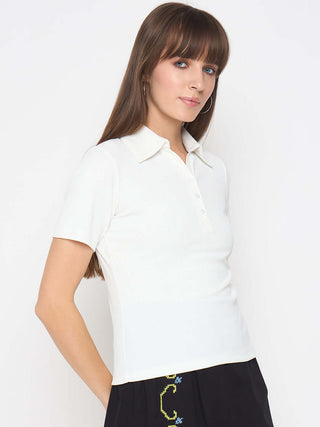 Madame Pique Solid White Polo T-shirt