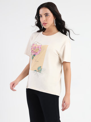 Madame Graphic Print Beige Cotton Blend T-shirt