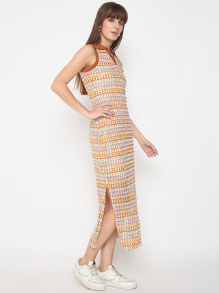 Madame Crochet Striped Side Slit Brown Bodycon Dress