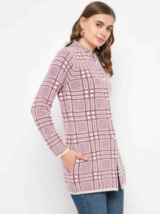 Madame Plaid Pattern Buttoned Wine Red Cardigan