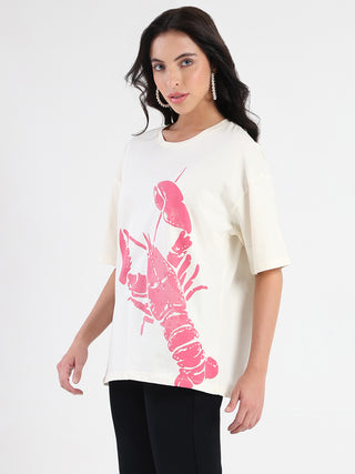 Madame Graphic Print Half Sleeve Off White Cotton T-shirt