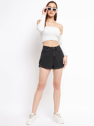 Madame Folded Hem Black Denim Shorts