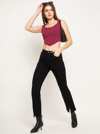 Madame Front Slit High-Rise Straight Black Jeans