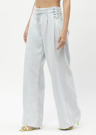 Madame Shanaya Kapoor Side Strings Ice Blue Wide Leg Jeans