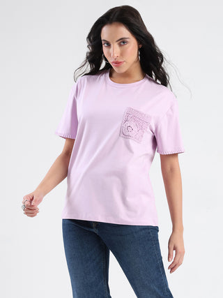 Madame Pocket Detailed Solid Mauve Cotton Blend T-shirt