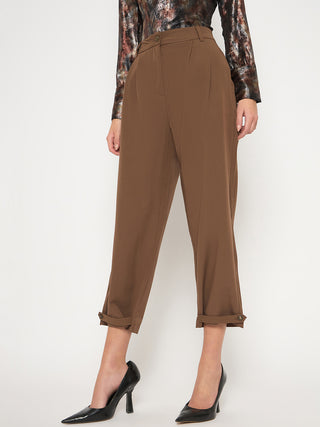 Madame Buckled Hem Warm Tan Rayon Blend Trousers