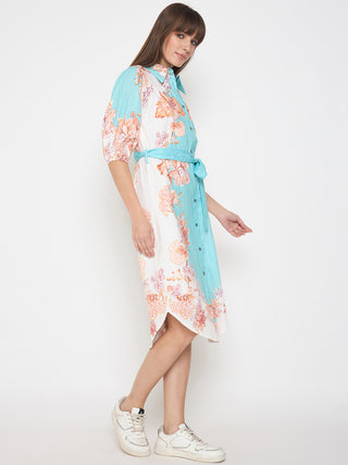 Madame Blue Colorblock Floral Cotton Midi Shirt Dress
