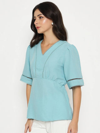 Madame V Neck Sea Green Peplum Top