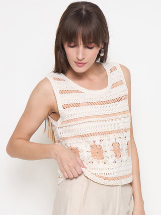 Madame Crochet Sleeveless Solid Beige Cotton Top