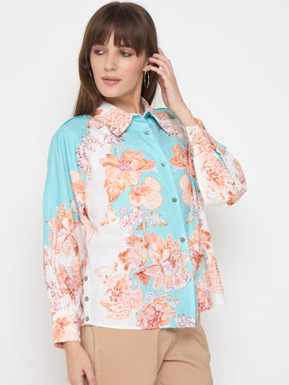 Madame Floral Print Colorblock Blue Shirt