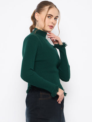 Madame Fringe Hem Mock Neck Green Sweater