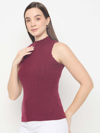 Madame Metallic Fabric Maroon Sleeveless Sweater