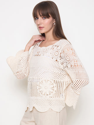 Madame Crochet Bell Sleeve Beige Knit Top