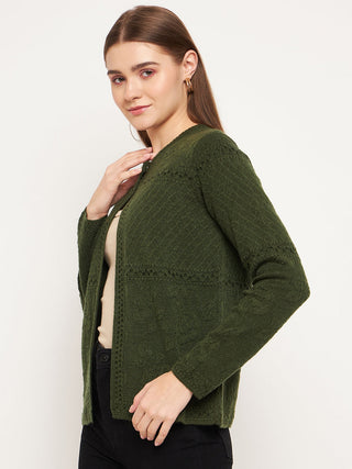 Madame Women Self Design Olive Cardigans